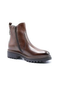 Stivale alla caviglia in pelle marrone con finitura liscia, zip laterale, suola in gomma robusta e dettagli di cucitura lungo il bordo della suola.