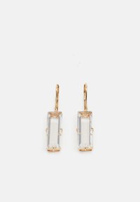 Boucles d'oreilles pendantes en ton or avec des pierres en verre transparent rectangulaires, montées dans un cadre métallique, fixées par des fermoirs à levier.