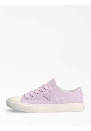 Sneakers in tela lavanda con punta e suola in gomma bianca, dotati di sei fori per i lacci e un logo a triangolo sul lato.