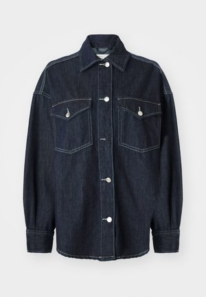 Ciemnoniebieska dżinsowa kurtka z dwoma kieszeniami na piersi, srebrnymi guzikami, spiczastym kołnierzem i długimi rękawami z wąskimi mankietami. Miękka tekstura.