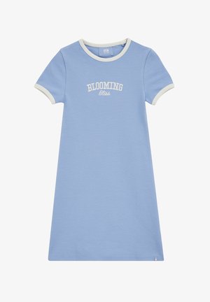 Hele sinine soonikkoes kleit valge krae ja varrukaääristega. Rinnal on valget värvi „BLOOMING Bliss” kiri. Sile tekstuur ja mugav lõige.