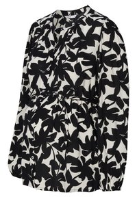 Czarna i biała bluzka z kwiatowym wzorem, z zapięciem na guziki z przodu, zawiązaniem w talii oraz marszczonymi długimi rękawami. Teksturowany materiał.