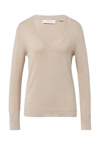 Beige langärmliger V-Ausschnitt Strickpullover mit gerippten Bündchen und Saum, auf einem weißen Hintergrund präsentiert.