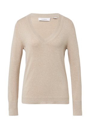 Beige lange mouw V-hals gebreide trui met geribbelde manchetten en zoom, weergegeven op een witte achtergrond.