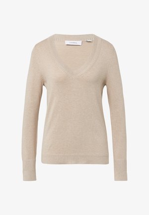 Maglione a maniche lunghe beige con scollo a V, in maglia, con polsini e orlo a coste, esibito su uno sfondo bianco.