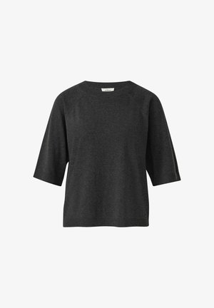 Top grigio scuro a maniche corte realizzato in tessuto morbido, con scollatura rotonda e orlo a costine. Presenta una vestibilità rilassata e nessun motivo visibile.