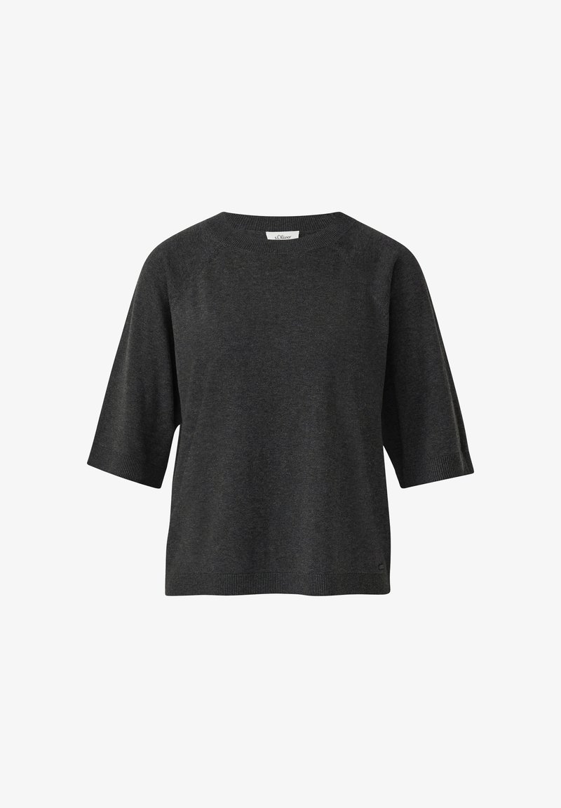 Dark gray short-sleeve top made of soft fabric with a round neckline and ribbed hem. Features a relaxed fit and no visible patterns.