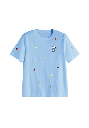 Light blue short-sleeve t-shirt featuring small embroidered fruits and a Snoopy character near the collar on the left side.