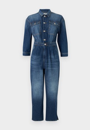 Denim jumpsuit with long sleeves, button-up front, two chest flap pockets, fitted waist, and straight leg pants with slight fading.