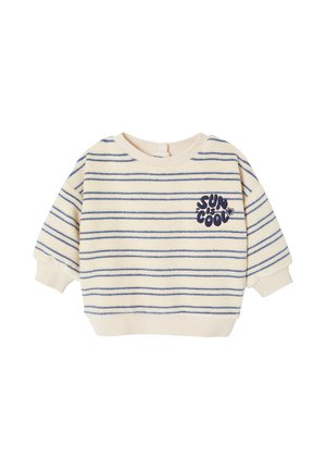 Cream sweater with blue horizontal stripes and "SUN IS COOL" text with sun graphic embroidered on chest, ribbed cuffs and hem.