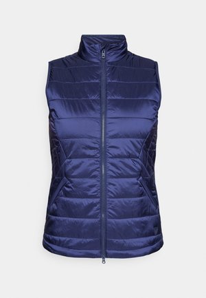 Marine blauwe mouwloze puffer vest met een hoge kraag, horizontale stiksels en ritssluiting. Voorzien van twee zijzakken voor extra gemak.
