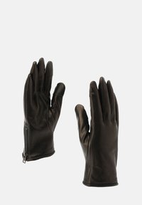 Zwarte leren handschoenen met een gladde textuur, tapse vorm en een ritssluiting bij de pols. Het ontwerp is eenvoudig zonder zichtbare logo's.