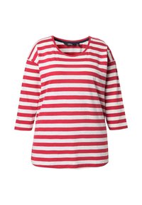Rood-wit gestreept T-shirt met een ronde halslijn en driekwartmouwen, gemaakt van een zachte, gladde stof.