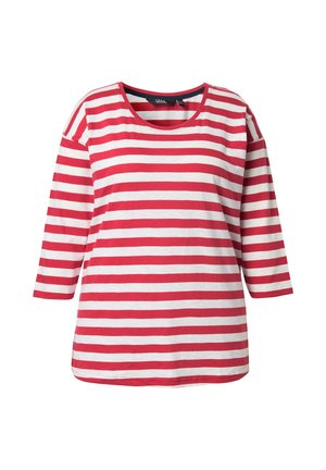 T-shirt a righe rosse e bianche con scollatura rotonda e maniche tre quarti, realizzata in un tessuto morbido e liscio.