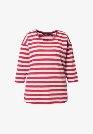 T-shirt a righe rosse e bianche con scollatura rotonda e maniche tre quarti, realizzata in un tessuto morbido e liscio.