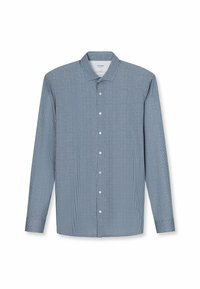 Hemd mit Knopfleiste im blau-weißen Karomuster, lange Ärmel, mit Kragen und frontaler Knopfverschluss. Glatte Textur, taillierte Passform.