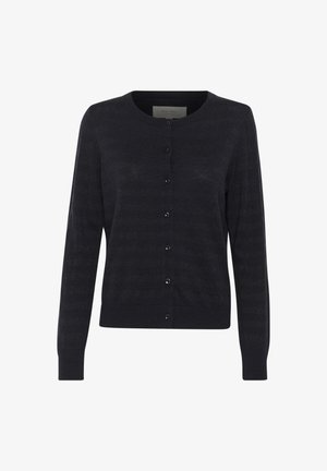 Cardigan scuro navy con bottoni, maniche lunghe, orlo a coste e sottile trama orizzontale. Presenta un collo rotondo e sei bottoni abbinati.