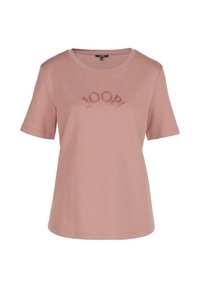 Vaaleanpunainen t-paita, jossa on lyhyet hihat, pyöreä kaula-aukko ja kontrastivärillä brodeerattu "JOOP!" rinnan kohdalla. Tasainen kankaan pinta.