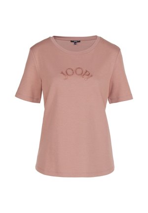 Vaaleanpunainen t-paita, jossa on lyhyet hihat, pyöreä kaula-aukko ja kontrastivärillä brodeerattu "JOOP!" rinnan kohdalla. Tasainen kankaan pinta.