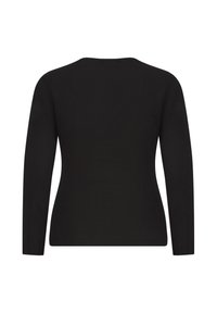 Black long-sleeve top made of smooth, stretchy fabric. Features a rounded neckline and fitted silhouette with no embellishments.