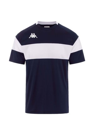 T-shirt blu navy con strisce orizzontali bianche, colletto rotondo, maniche corte e un logo sul lato sinistro del petto. Realizzato in tessuto traspirante.