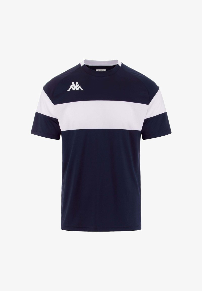 T-shirt bleu marine avec des rayures horizontales blanches, col rond, manches courtes et un logo sur la poitrine gauche. Fabriqué en tissu respirant.