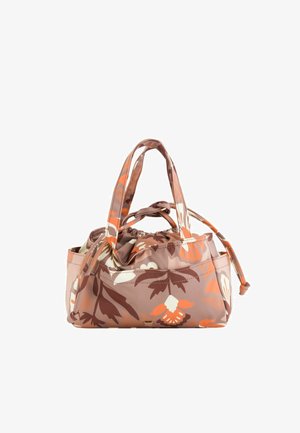 Bolso tote pequeño con doble asa, estampado floral en tonos marrón, naranja y crema, con cierre de cordón en la parte superior.