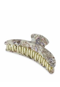 Grote haarclip van gemarmerd cream en paarse kunststof. Bevat goudkleurige metalen tanden voor een veilige grip. Gladde, glanzende oppervlakte met afgeronde hoeken.