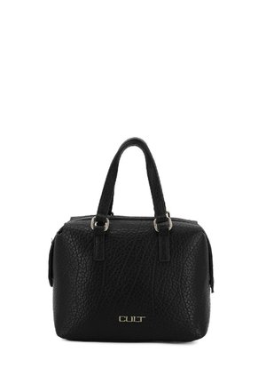Borsa a mano in pelle nera con superficie texture, forma arrotondata, manici corti e logo dorato. Design rettangolare con chiusura a zip.