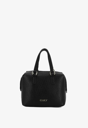 Borsa a mano in pelle nera con superficie texture, forma arrotondata, manici corti e logo dorato. Design rettangolare con chiusura a zip.
