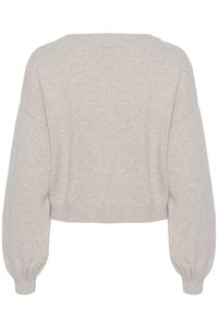 Maglione accorciato grigio chiaro, realizzato in morbido materiale a maglia. Presenta maniche a palloncino e polsini a coste per texture e vestibilità.