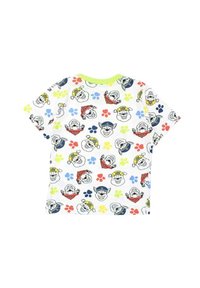 T-shirt pour enfants à manches courtes en coton blanc, avec des visages de chiens en cartoon colorés et des empreintes de pattes, rehaussé d'un col vert vif.