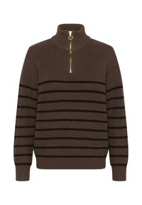 Brauner Strickpullover mit hohem Kragen, der schwarze horizontale Streifen und einen goldenen Reißverschluss am Hals aufweist. Lange Ärmel, gerippte Bündchen.