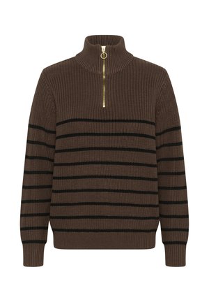 Brauner Strickpullover mit hohem Kragen, der schwarze horizontale Streifen und einen goldenen Reißverschluss am Hals aufweist. Lange Ärmel, gerippte Bündchen.
