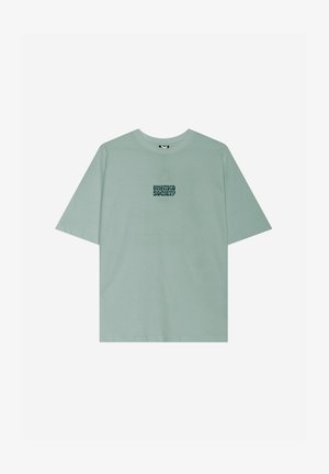 Lysegrøn oversized T-shirt med korte ærmer og teksten "KAOTIKO SOCIETY" i mørkegrøn midt på brystet.