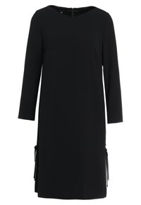 Robe noire manches longues, longueur genou avec fentes latérales et col rond, fermeture zippée au dos.