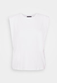 Bílý bezrukávový top ze měkkého směsového bavlněného materiálu, se střihovým siluetou, kulatým výstřihem a minimalistickým designem.