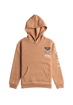 Sweatshirt à capuche marron en tissu doux, avec une poche kangourou et des designs graphiques sur le devant et la manche.