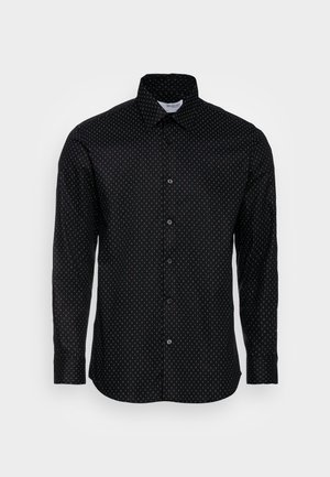 Schwarzes langärmeliges Hemd mit Knopfleiste, kleinem mehrfarbigem Punktemuster und spitzem Kragen.