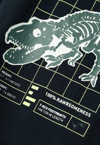 Schwarzer Stoff mit einer Grafik eines T-Rex-Skeletts in Grün, darunter weiße Texte mit Maßen und "100% ROAR-OMENESS".