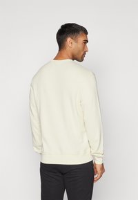 Lys beige crewneck sweatshirt med lange ærmer, ribbede manchetter og kant, lavet af blødt stof, vist fra ryggen.