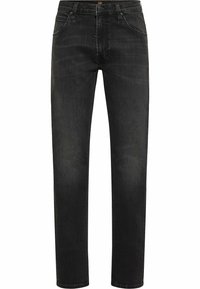 Zwarte denim jeans met een rechte pasvorm, voorzien van vijf zakken, subtiele vervaging en een klassieke knoop- en ritssluiting.