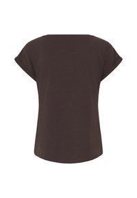 T-shirt marron foncé à manches courtes avec poignets retroussés et ourlet droit, vu de dos sur un fond blanc uni.
