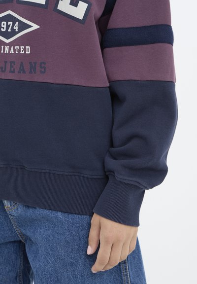 Hanorac cu blochează de culoare, prezentând nuanțe de burgund, bleumarin și un design grafic. Manșetele și tivul cu nervuri adaugă textură. Este purtat cu blugi albastre.