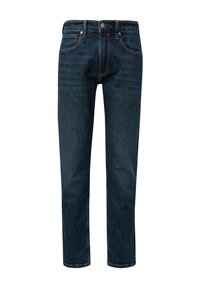Jean en denim bleu foncé, coupe droite, style cinq poches, avec une fermeture à bouton. Texture lisse avec de subtils détails de couture.