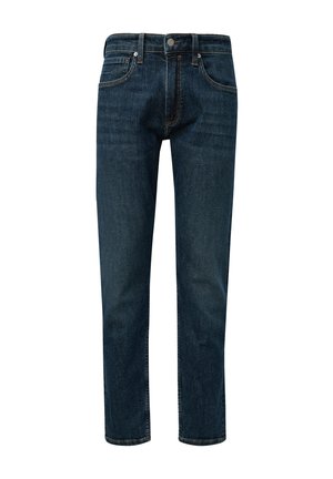 Dunkelblaue Denim-Jeans, gerade geschnitten, im fünf-Taschen-Stil mit Knopfverschluss. Glatte Textur mit dezenten Steppdetails.