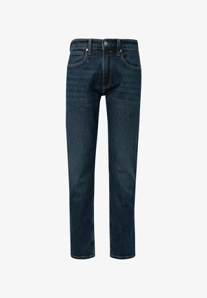 Granatowe dżinsy, proste nogawki, styl pięciu kieszeni, z zapięciem na guzik. Gładka tekstura z delikatnymi detalami haftu.