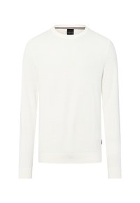 Weißer gestrickter Pullover mit einem strukturierten Muster, rundem Halsausschnitt und langen Ärmeln. Verfügt über einen gerippten Saum und Bündchen. Schlichtes Design.