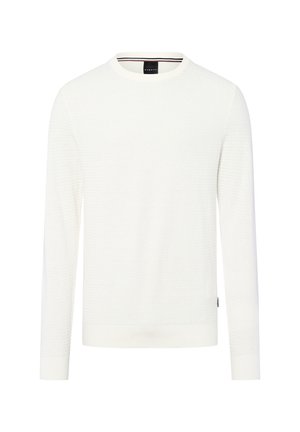 White knitted sweater with a textured pattern, round neckline, and long sleeves. Features a ribbed hem and cuffs. Clean design.