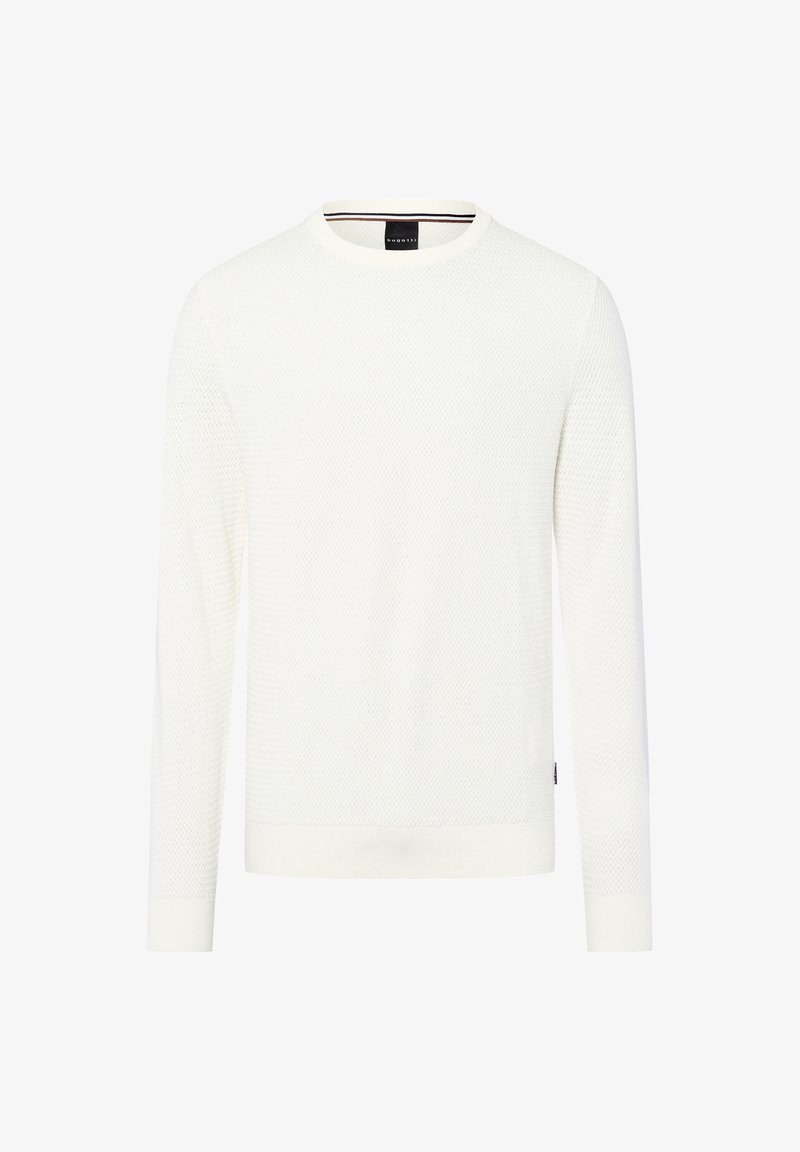 Weißer gestrickter Pullover mit einem strukturierten Muster, rundem Halsausschnitt und langen Ärmeln. Verfügt über einen gerippten Saum und Bündchen. Schlichtes Design.